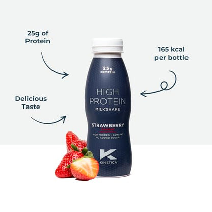 Kinetica Ready-to-Drink Protein Shake, 12 X 330mls, 165 cals, 25g Protein per Bottle, Low Fat (Strawberry)