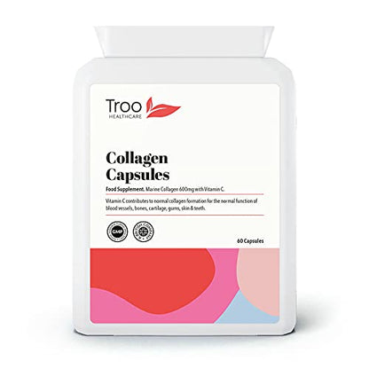 Troo Marine Collagen Supplement - 60 High Strength Capsules 1200mg Serving - Hydrolysed Marine Collagen Peptides with Vitamin C