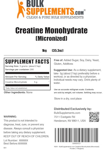 BulkSupplements Micronized Creatine Monohydrate Powder (1 kilogram)