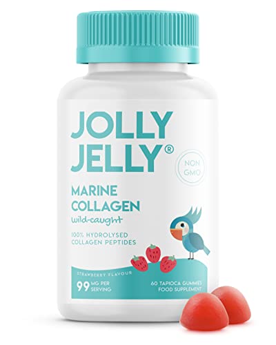 Marine Collagen Gummies by Jolly Jelly® - Wild-Caught Marine Collagen Tapioca Gummies - Type 1 Hydrolysed Collagen - Strawberry Flavour - 60 Gummies.