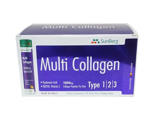 Sunberg Collagen Liquid Shots - 10000mg Collagen Supplement Type I,II,III Hyaluronic Acid 