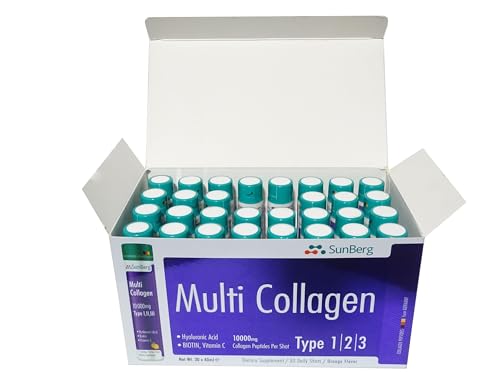 Sunberg Collagen Liquid Shots - 10000mg Collagen Supplement Type I,II,III Hyaluronic Acid