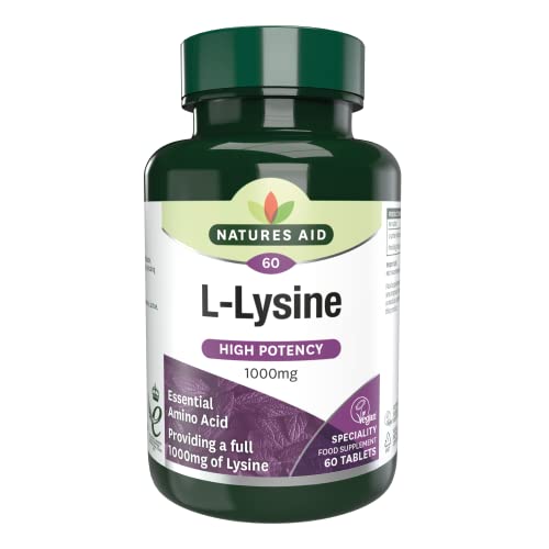 Natures Aid L-Lysine 1000 mg, High Potency Essential Amino Acid, Vegan, 60 Tablets