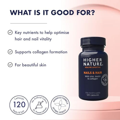 Higher Nature - Nails & Hair - Contains Zinc, Biotin & Collagen - Supports Beautiful Skin - 120 Capsules