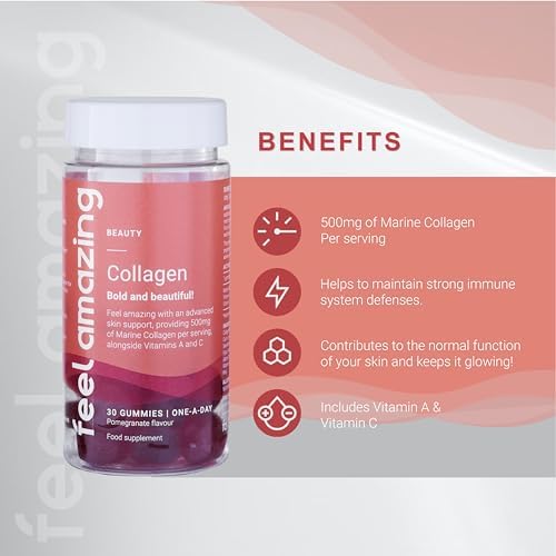 Collagen Gummies with Vitamins A and C, 500mg of Marine Collagen Per Serving, Advanced Skin Support,