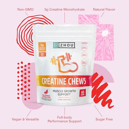 Zhou Nutrition Creatine Monohydrate Chewables 5g for Men & Women, Sugar Free