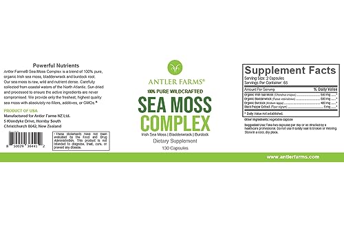 Antler Farms – 100% Pure Sea Moss Complex, 130 Capsules, Organic & Wildcrafted Irish