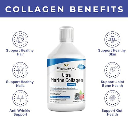 Marine Collagen Liquid 10000mg Sugar Free Berry Flavour, Hydrolysed Peptides, Hyaluronic Acid, Biotin, Silica, Vitamin C, Healthy Skin