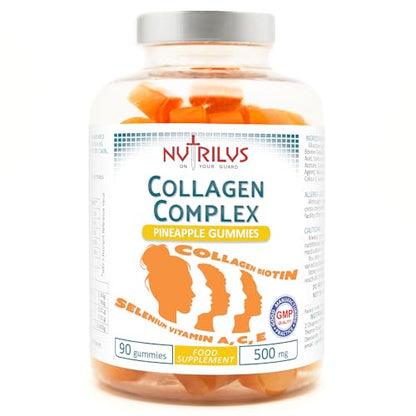 Collagen Complex 90 Natural Pineapple Gummies 500mg - Large Pack - with Biotin & Selenium 