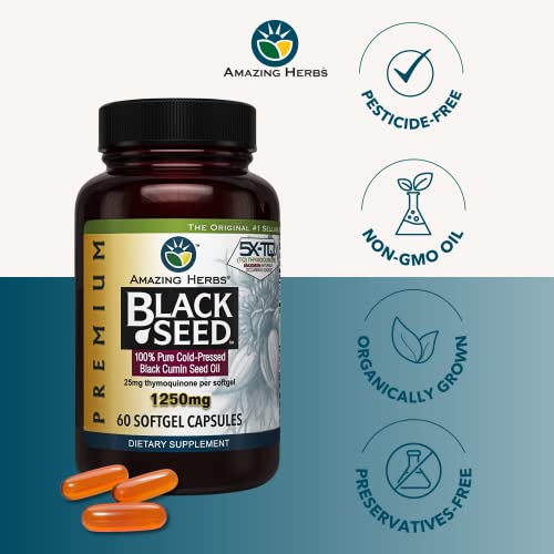 Amazing Herbs Premium Black Seed Oil Capsules - High Potency, Cold Pressed Nigella