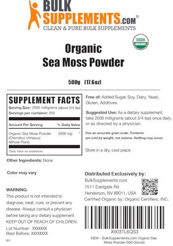 BULKSUPPLEMENTS.COM Organic Irish Sea Moss Powder - Sea Moss Supplement, Irish