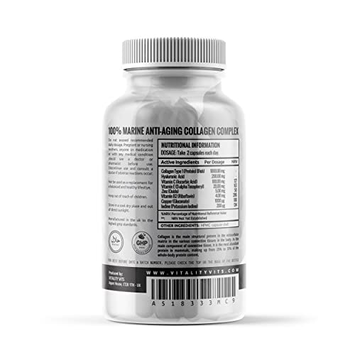 Marine Collagen Complex - High Strength Capsules for Hair, Skin, Nails & Joint Support - Vitamins B2 C & E