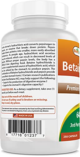 Best Naturals Betaine HCL 648 mg 250 Capsules (250 Count (Pack of 2))