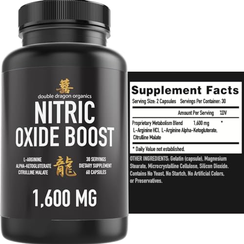 Double Dragon Organics Nitric Oxide Booster Supplement, 1600mg Extra Strength L-Arginine