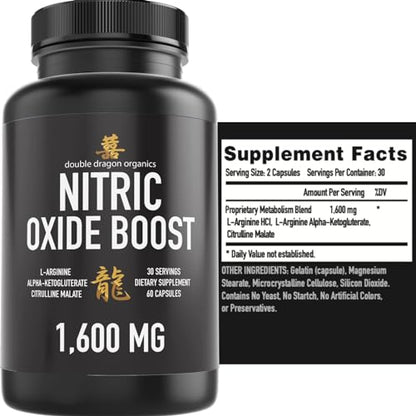 Double Dragon Organics Nitric Oxide Booster Supplement, 1600mg Extra Strength L-Arginine