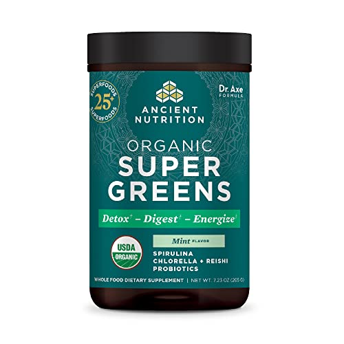 SuperGreens Powder with Probiotics by Ancient Nutrition, Organic Peppermint Flavor Green