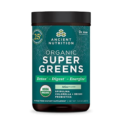 SuperGreens Powder with Probiotics by Ancient Nutrition, Organic Peppermint Flavor Green