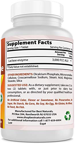 Best Naturals Fast Acting Lactase Enzyme Tablet, 3000 Fcc Alu, 180 Count