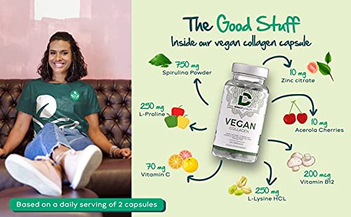 Vegan Collagen Supplement - 1400mg, Spirulina, L-Lysine, L-Proline, Acerola Cherries , Vitamin C & B12, Zinc, Hyaluronic Acid, UK Made