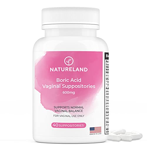 Natureland 40 Count, 600mg Boric Acid Vaginal Suppositories, Made in USA, Restore pH Balance