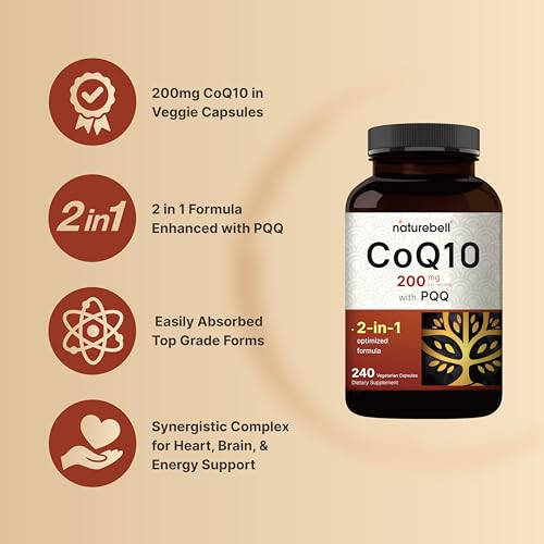 NatureBell CoQ10 (Ubiquinone) 200mg with PQQ, 240 Veggie Capsules | Stable High