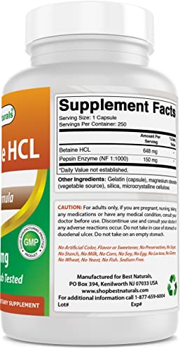 Best Naturals Betaine HCL 648 mg 250 Capsules (250 Count (Pack of 2))