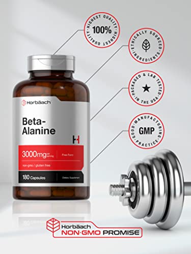 Beta Alanine Capsules | 3000mg | 180 Count | Non-GMO, Gluten Free Supplement | by Horbaach