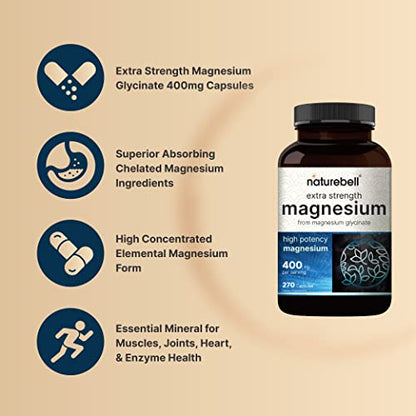 NatureBell Magnesium Glycinate 400mg (Elemental), 270 Capsules – 100% Chelated