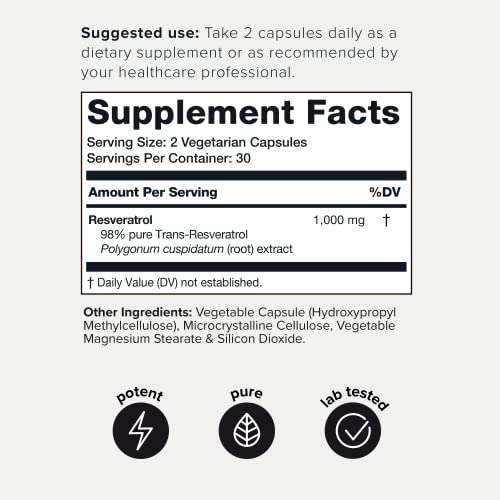 Ultra High Potency Third-Party Tested Trans Resveratrol 1000mg - 98% Pure