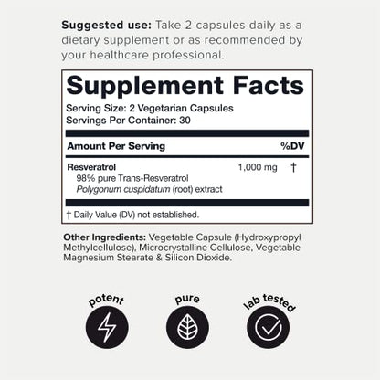 Ultra High Potency Third-Party Tested Trans Resveratrol 1000mg - 98% Pure