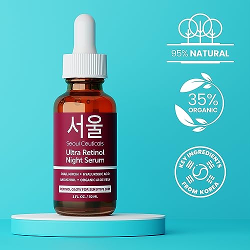 SeoulCeuticals 1% Korean Retinol Night Serum for Face - 97.5% Snail Mucin + Hyaluronic