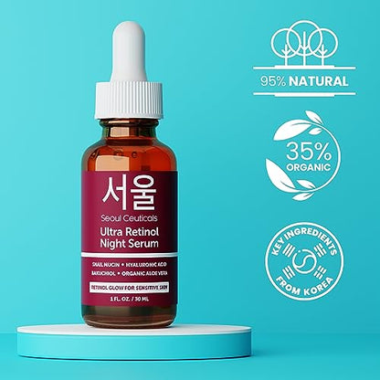 SeoulCeuticals 1% Korean Retinol Night Serum for Face - 97.5% Snail Mucin + Hyaluronic