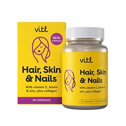 VITL Hair, Skin & Nails + Collagen, A dose of Classic Complexion Heroes Such as Collagen, Vitamin E, Biotin and Zinc | 30 Capsules