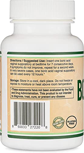 Boric Acid Vaginal Suppositories (600mg, 60 Count) Supports Vaginal pH Balance, Odor Control