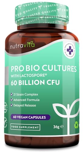 60 Billion CFU Probiotic Cultures - Scientifically Backed Lactospore® for Good Gut Flora 