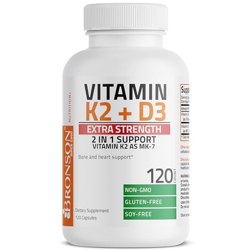 Bronson Vitamin K2 (MK7) with D3 Extra Strength Supplement Bone and Heart Health Non