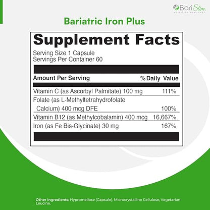 BariSlim Iron Plus Capsules - Formulated for Patients After Weight Loss Surgery Including