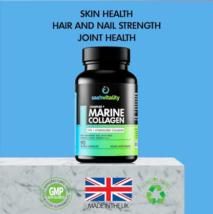 Marine Collagen Supplements - 90 Capsules with Vitamin C, Vitamin E, Hyaluronic Acid, Aloe Vera, Turmeric