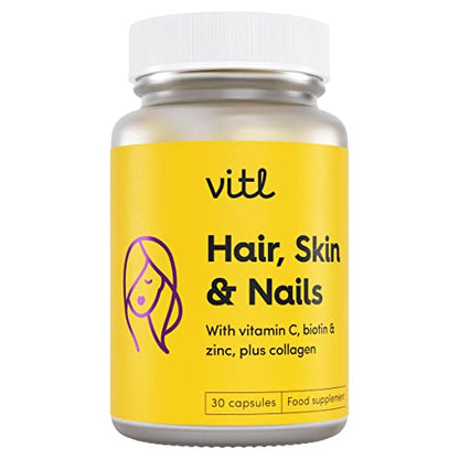 VITL Hair, Skin & Nails + Collagen, A dose of Classic Complexion Heroes Such as Collagen, Vitamin E, Biotin and Zinc | 30 Capsules