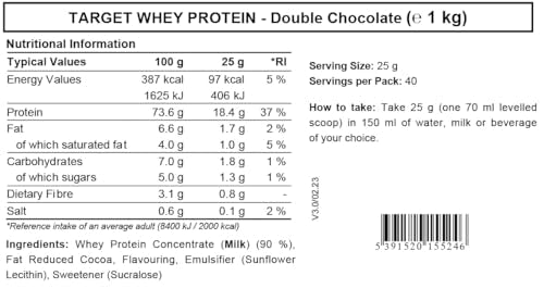 Whey Protein Powder | Double Chocolate | Target Whey Protein by ROS Nutrition | 1 Kg | 40 Servings |