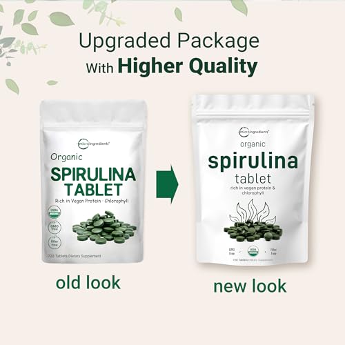 Micro Ingredients Organic Spirulina Supplement, 3000MG Per Serving, 720 Tablets (4 Month Supply), No Filler & Non-GMO, Rich in Vegan Protein, Vitamins & Prebiotics, Premium Spirulina Pills