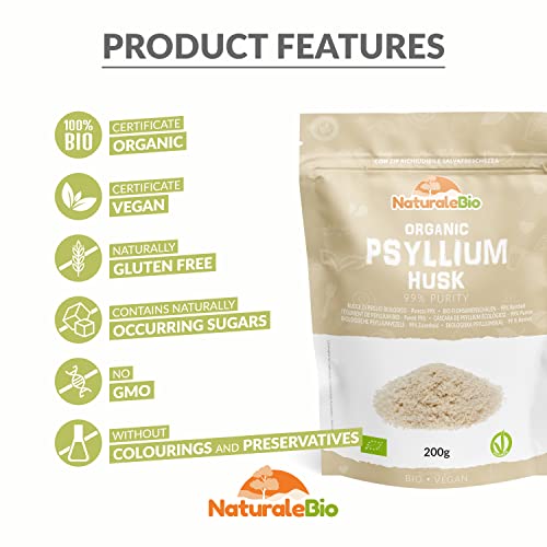 Organic Psyllium Husk - 99% Purity - 200g. Pure & Natural Psyllium Seed Husks