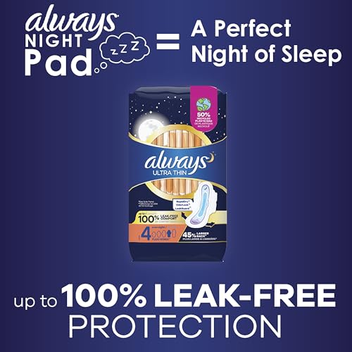 Always Ultra Thin Feminine Pads with Wings for Women, Size 4, Overnight Absorbency, Unscented