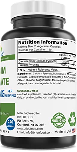 Brieofood Calcium Pyruvate 1500mg per Serving - 240 Vegetarian Capsules