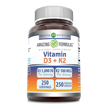 Amazing Formulas Vitamin D3 5000 IU with Vitamin K2 100 Mcg| 250 Veggie Capsules 