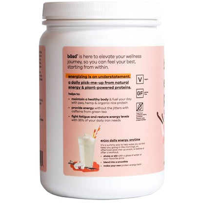 basd Energizing Protein, Vanilla Shake | Plant-Based Protein & Green Tea Energy | Vegan, Gluten-Free, Non-GMO, Dairy Free, Soy Free, Sugar-Free | 20g Protein, 100mg Caffeine, 20 Servings, 512g Tub