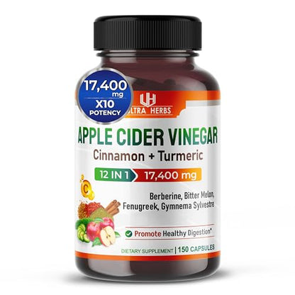 Organic Apple Cider Vinegar Capsules 17,400mg with Cinnamon, Turmeric - Best Supple