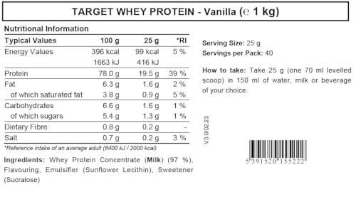 Whey Protein Powder | Vanilla | Target Whey Protein by ROS Nutrition | 1 Kg | 40 Servings |