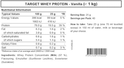 Whey Protein Powder | Vanilla | Target Whey Protein by ROS Nutrition | 1 Kg | 40 Servings |