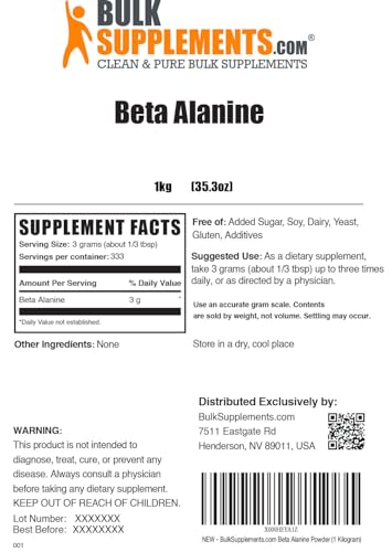 BULKSUPPLEMENTS.COM Beta Alanine Powder - Beta Alanine Pre Workout, Beta Alanine